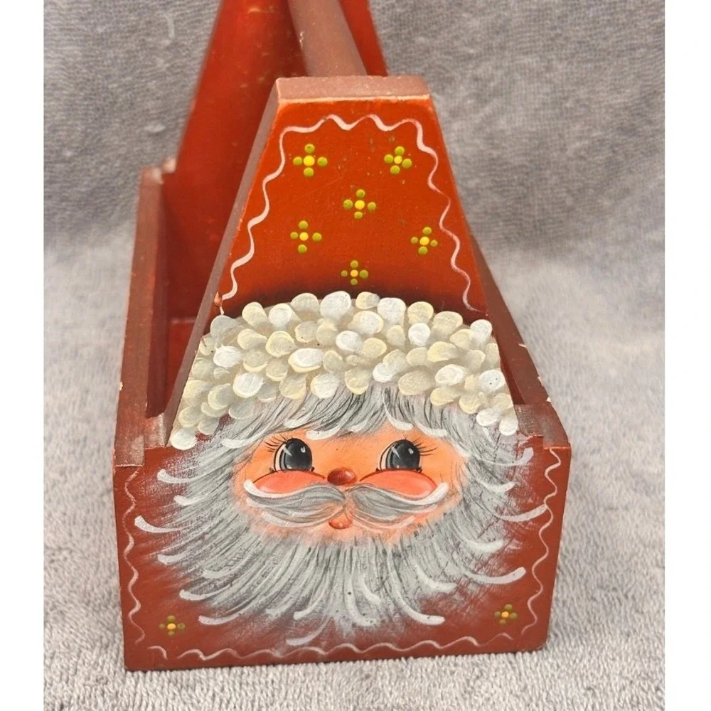 Vintage Hand Painted Wooden Santa Caddy Folk Art Christmas Decor 7 Inch